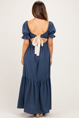 Midnight Open Back Ribbon Tie Maternity Maxi Dress