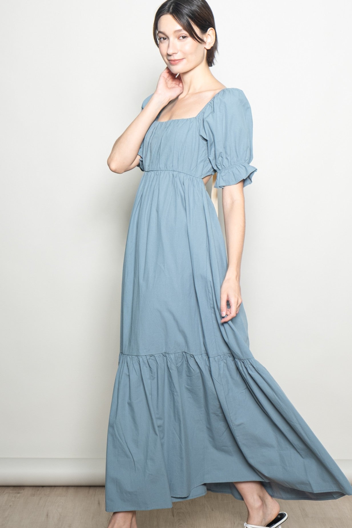 Blue Open Back Ribbon Tie Maxi Dress