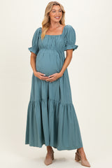 Blue Open Back Ribbon Tie Maternity Maxi Dress