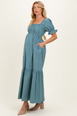 Blue Open Back Ribbon Tie Maternity Maxi Dress