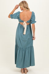 Blue Open Back Ribbon Tie Maternity Maxi Dress