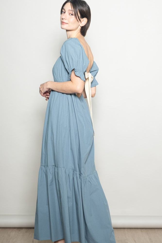 Blue Open Back Ribbon Tie Maxi Dress