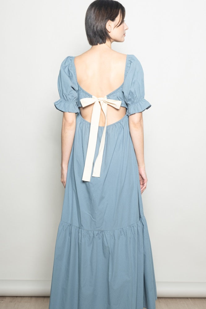 Blue Open Back Ribbon Tie Maxi Dress