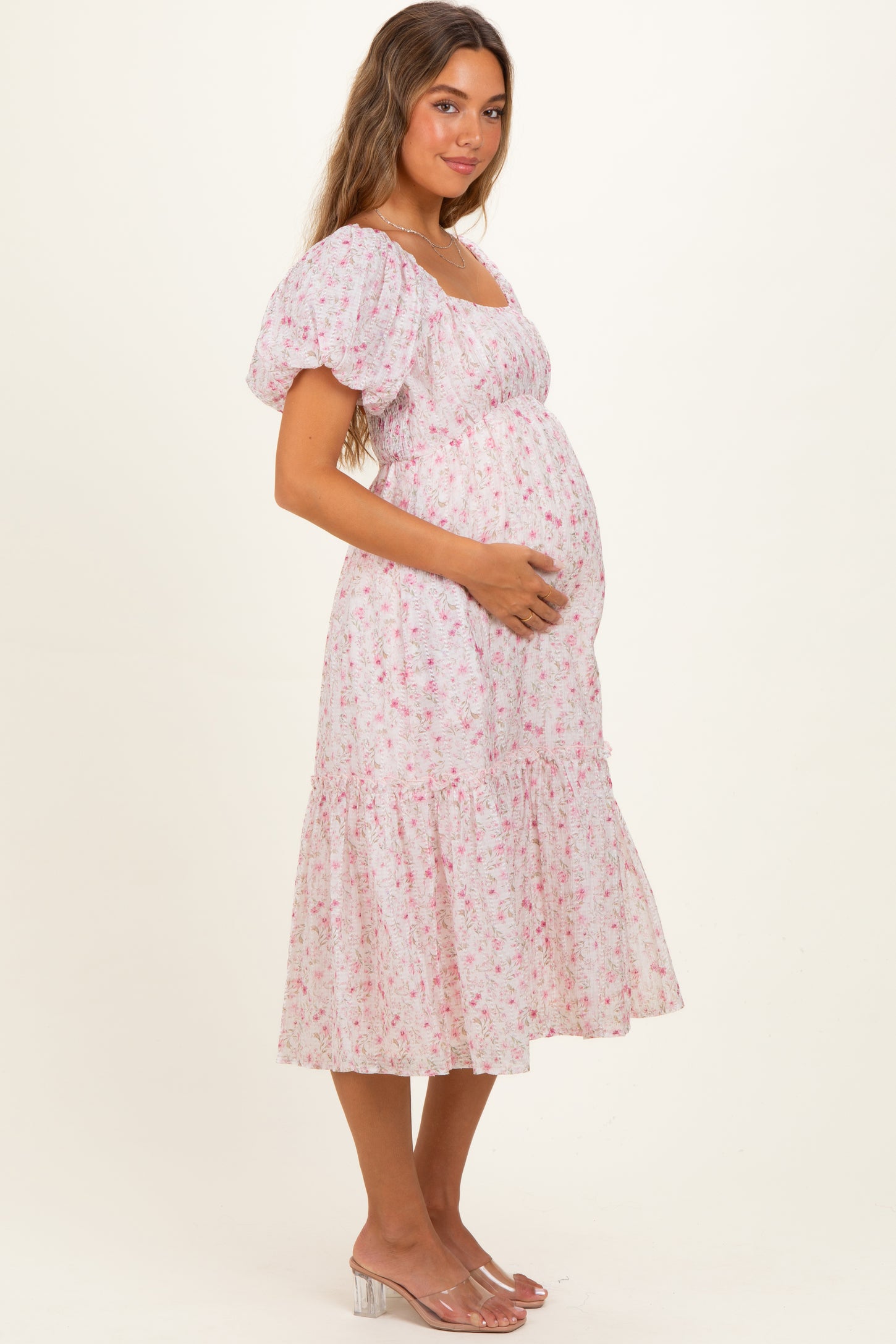 Pink Floral Puff Sleeve Maternity Midi Dress