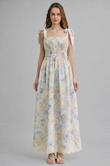 Blue Floral Smocked Shoulder Tie Maxi Dress