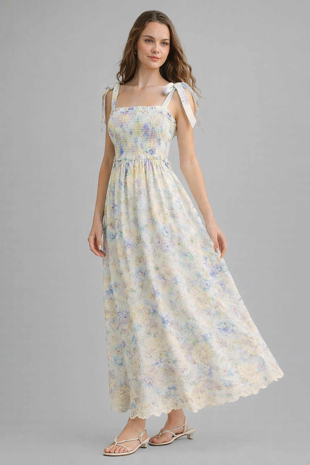 Blue Floral Smocked Shoulder Tie Maxi Dress