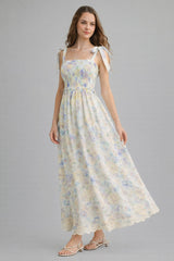 Blue Floral Smocked Shoulder Tie Maxi Dress