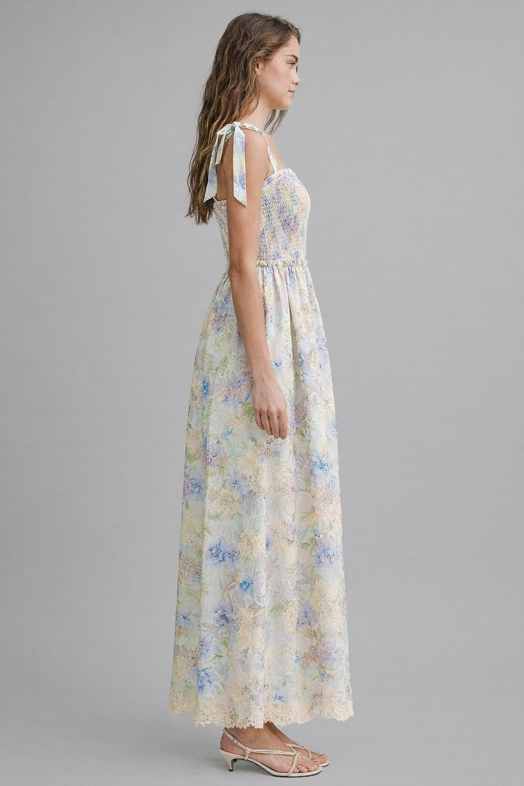 Blue Floral Smocked Shoulder Tie Maxi Dress