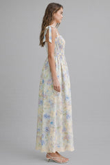 Blue Floral Smocked Shoulder Tie Maxi Dress