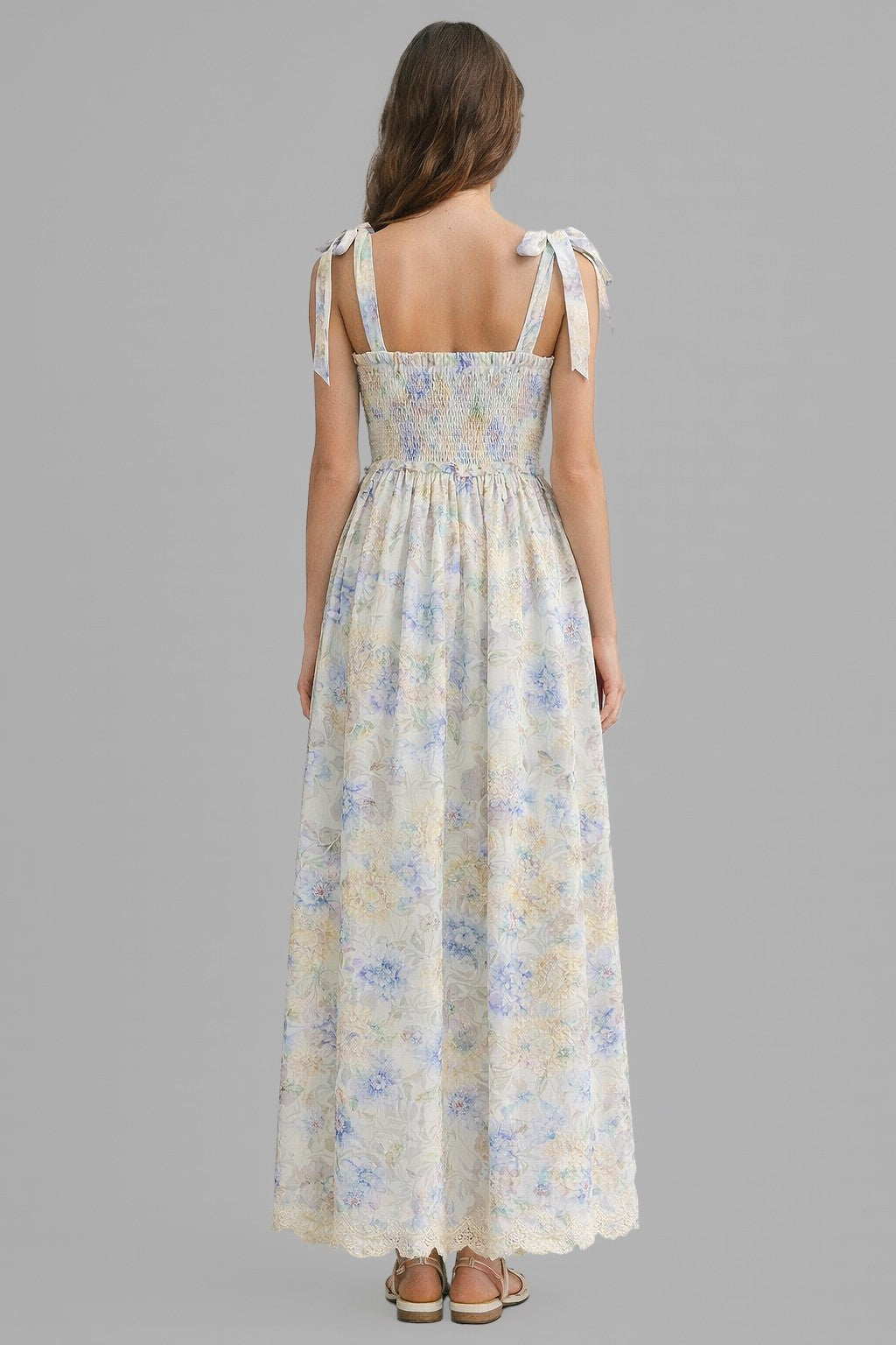 Blue Floral Smocked Shoulder Tie Maxi Dress