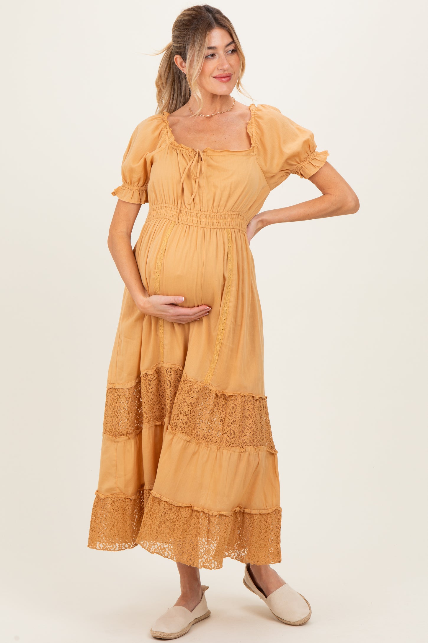 Gold Lace Contrast Paneled Maternity Maxi Dress