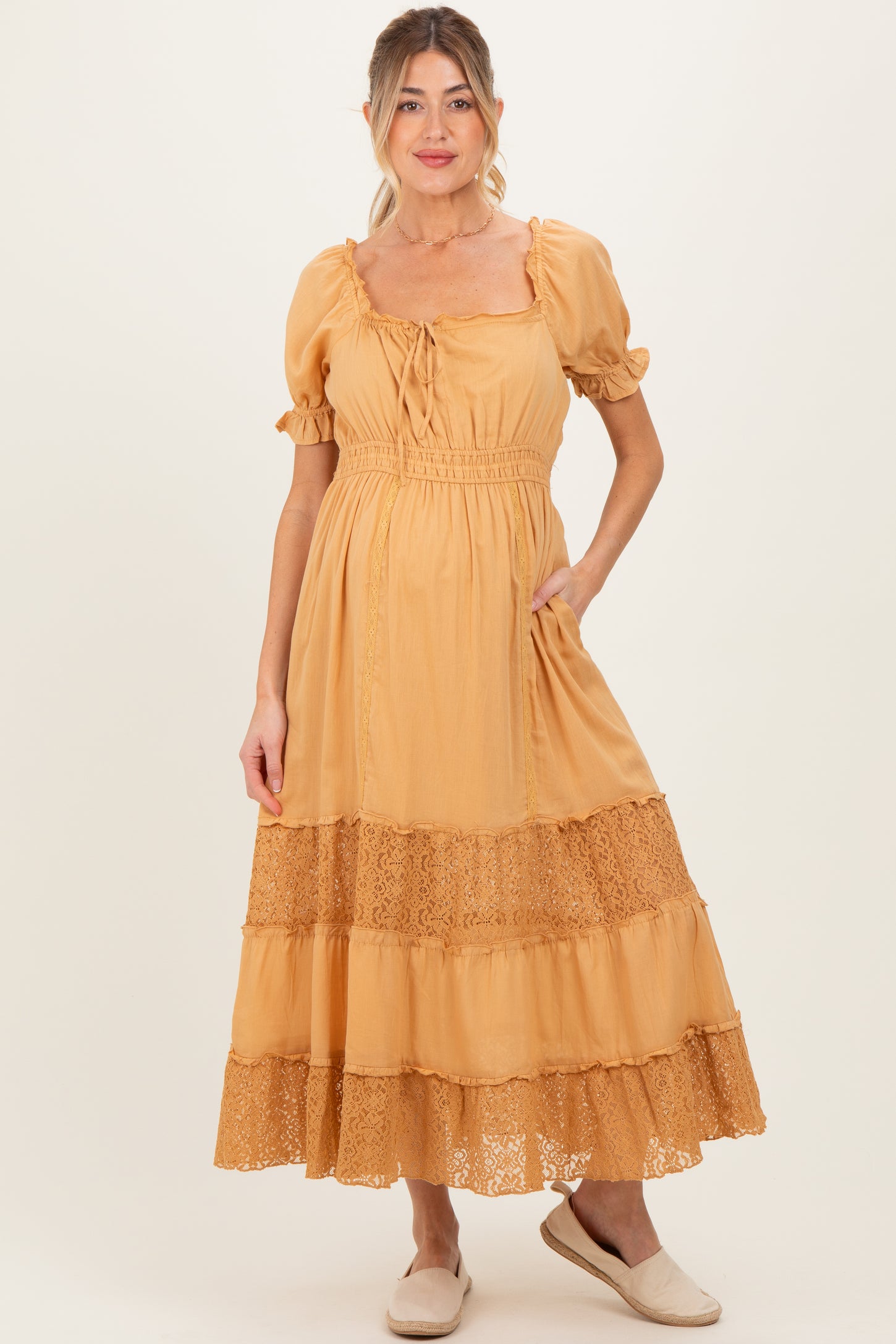 Gold Lace Contrast Paneled Maternity Maxi Dress
