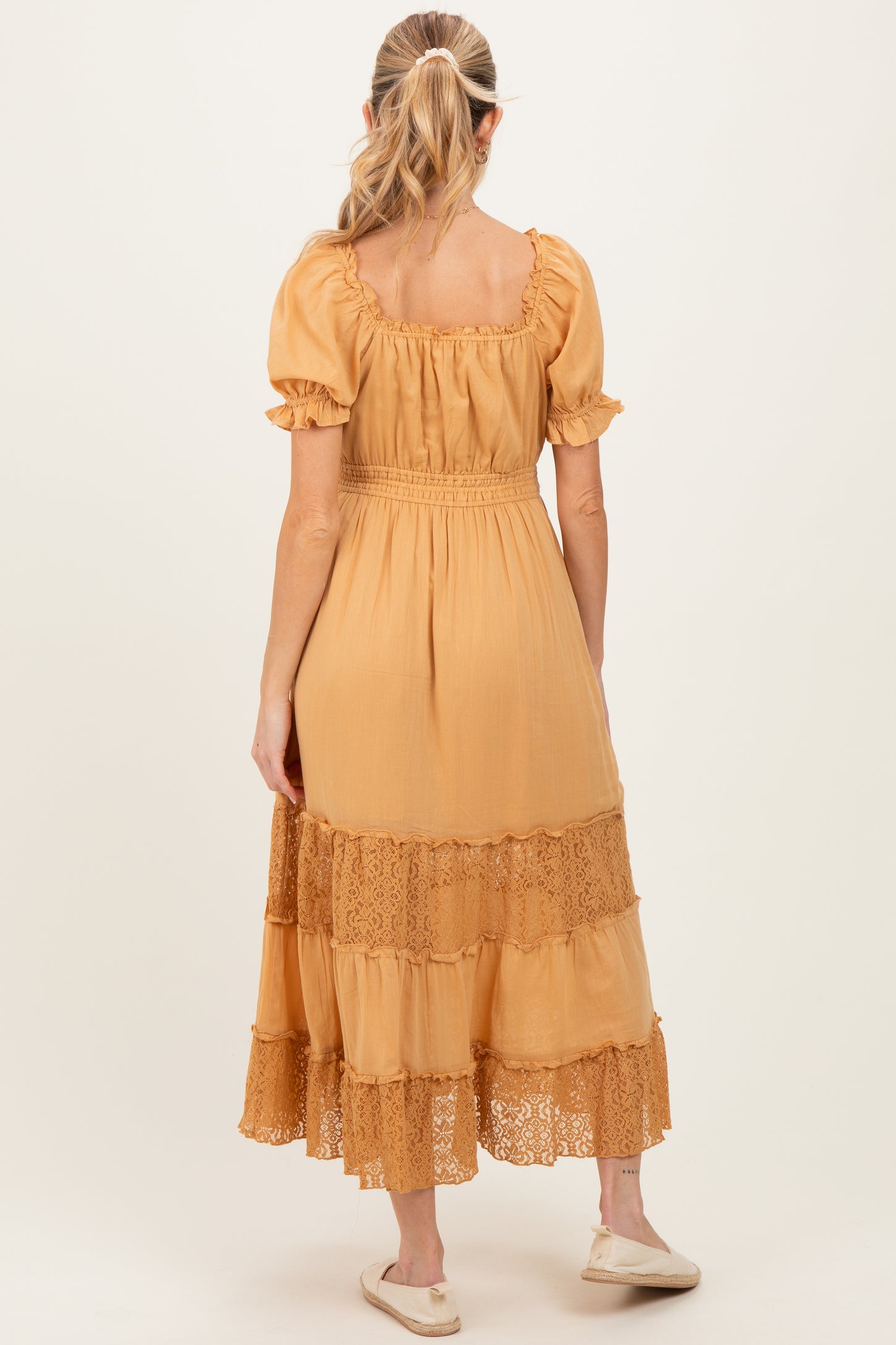 Gold Lace Contrast Paneled Maternity Maxi Dress