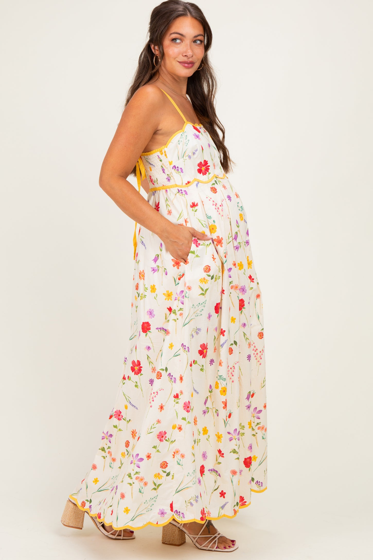 Yellow Daffodil Creme Floral Scalloped Contrast Maternity Maxi Dress