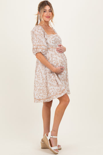 Taupe Contrast Binded Floral Maternity Mini Dress