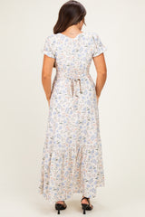 Creme Floral Lace Trim Button Down Maternity Maxi Dress