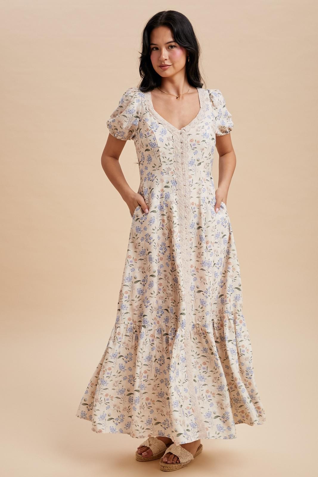 Creme Floral Lace Trim Button Down Maxi Dress