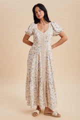 Creme Floral Lace Trim Button Down Maxi Dress