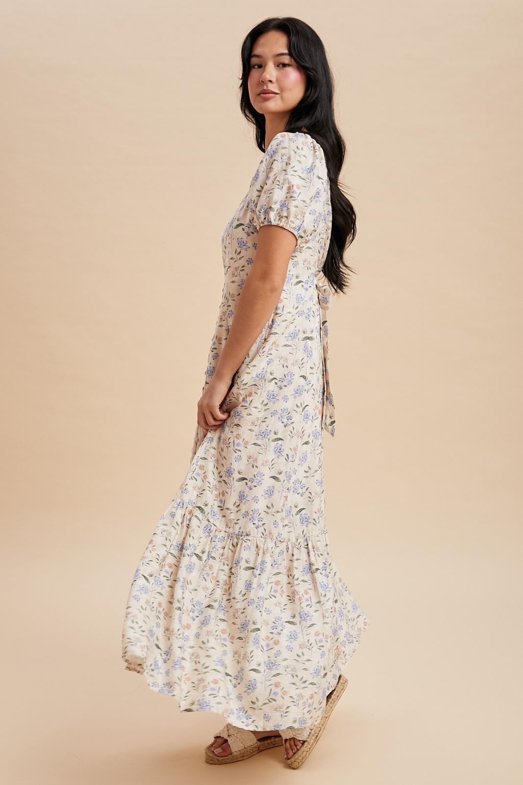 Creme Floral Lace Trim Button Down Maxi Dress