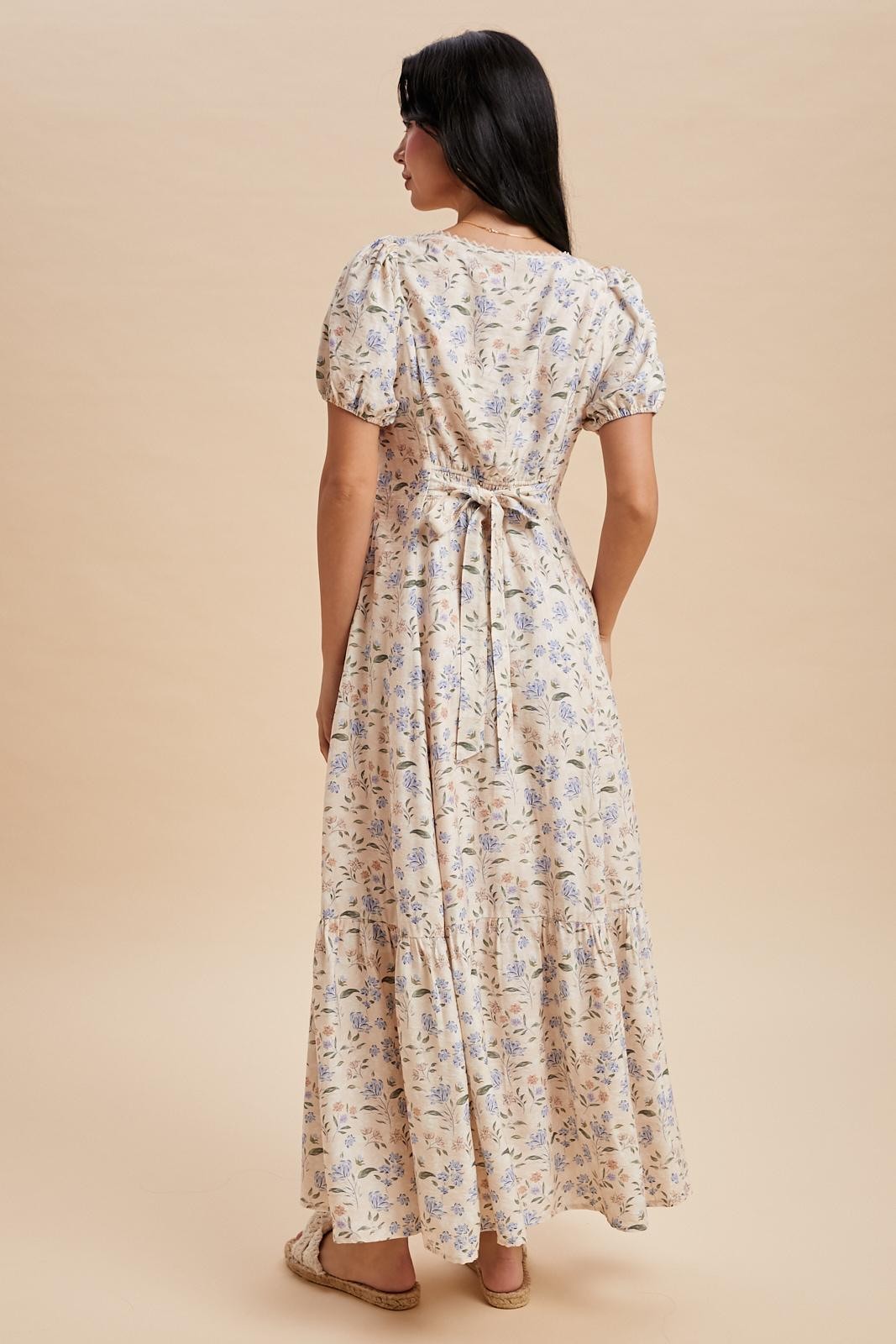 Creme Floral Lace Trim Button Down Maxi Dress