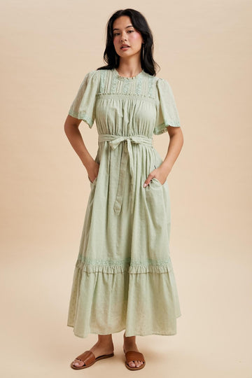 Sage Swiss Dot Flutter Sleeve Maxi Dress