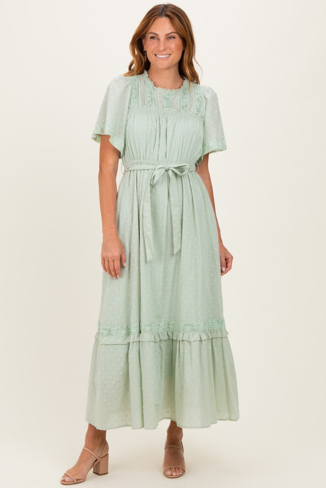 Sage Swiss Dot Flutter Sleeve Maxi Dress