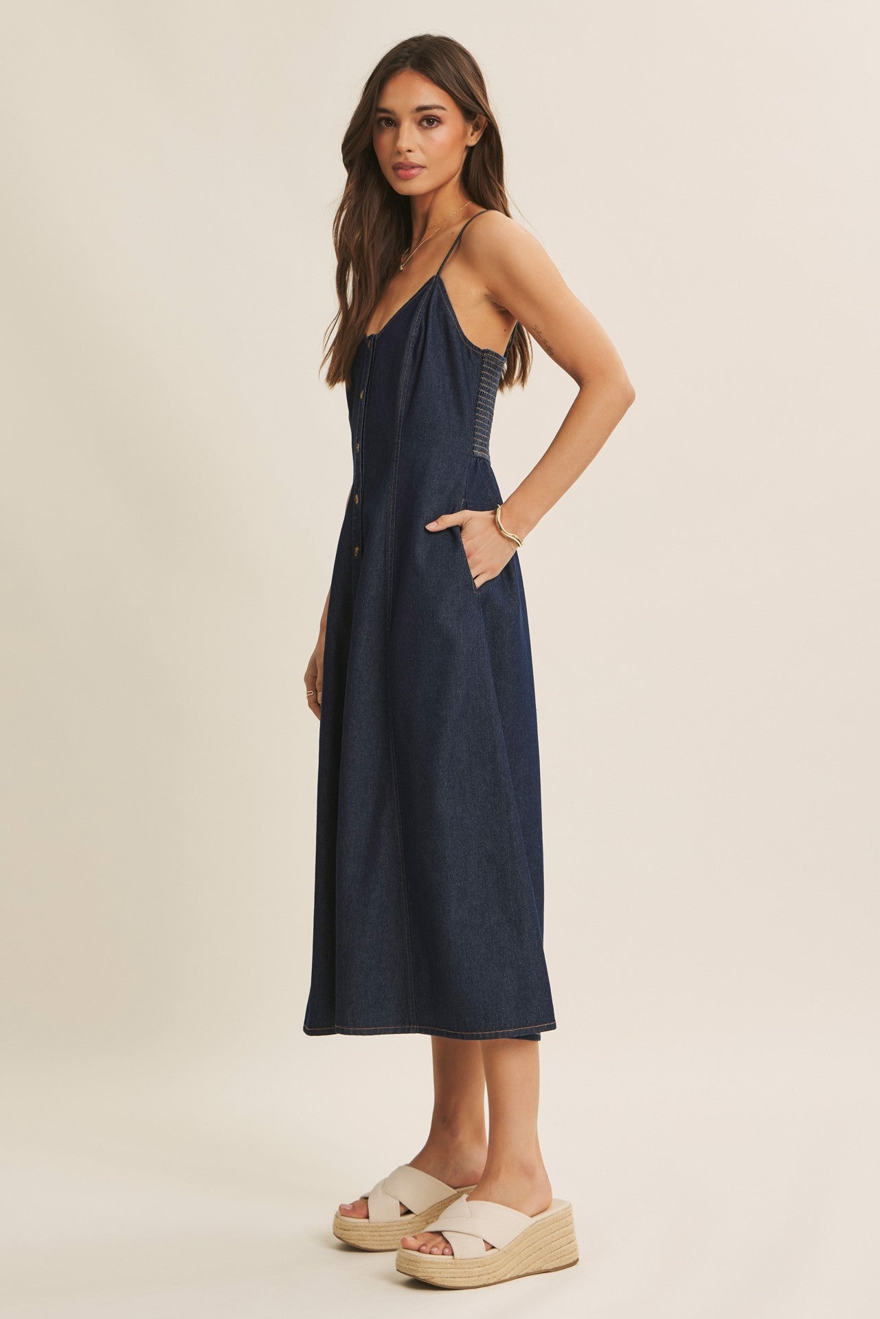 Navy Button-Down Denim Midi Dress