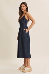 Navy Button-Down Denim Midi Dress