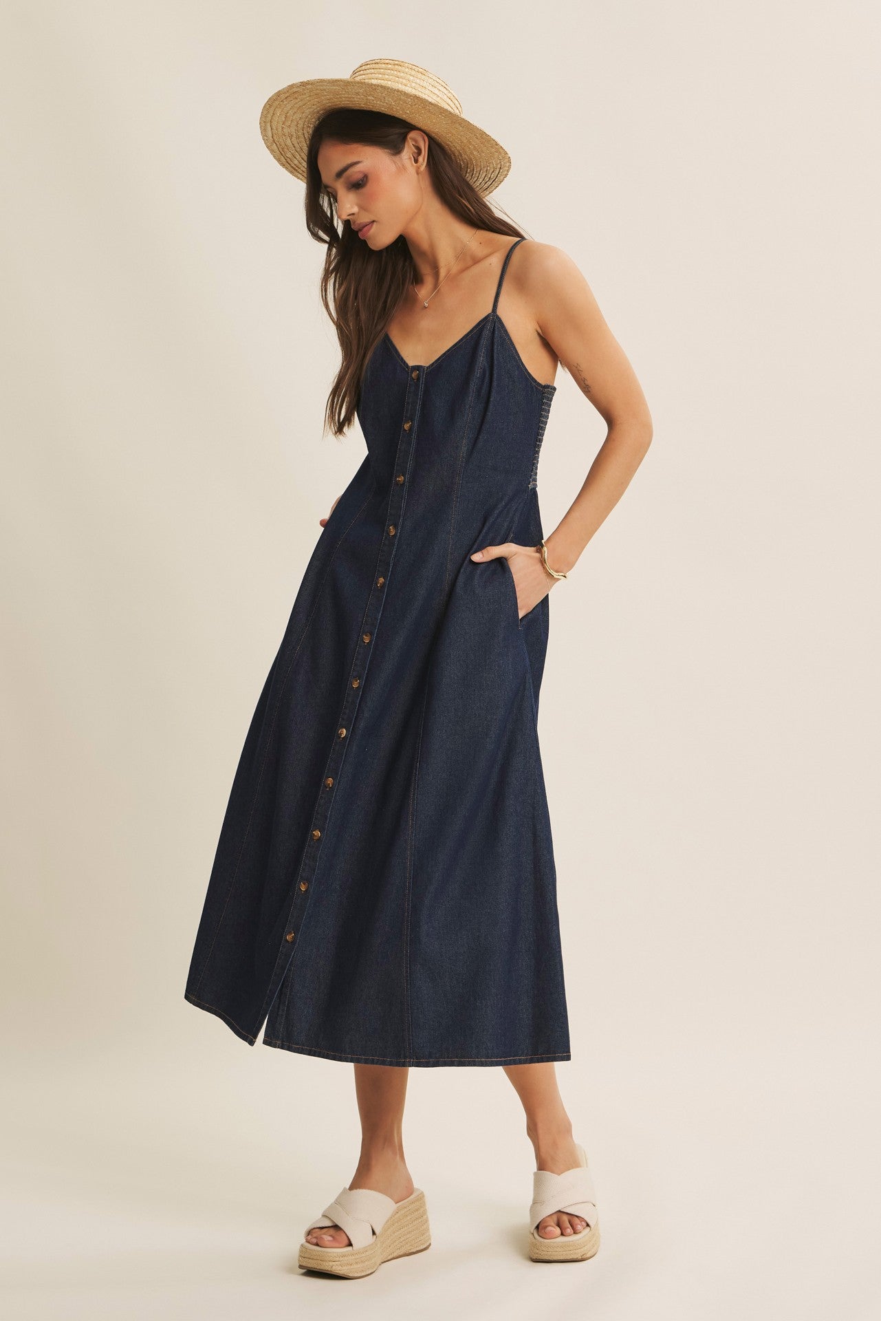 Navy Button-Down Denim Midi Dress