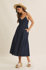 Navy Button-Down Denim Midi Dress