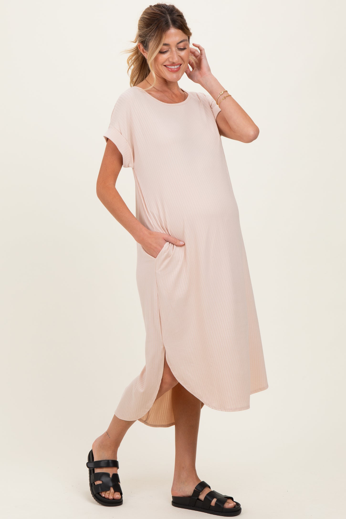 Beige Ribbed Curved Hem Maternity Midi Dress