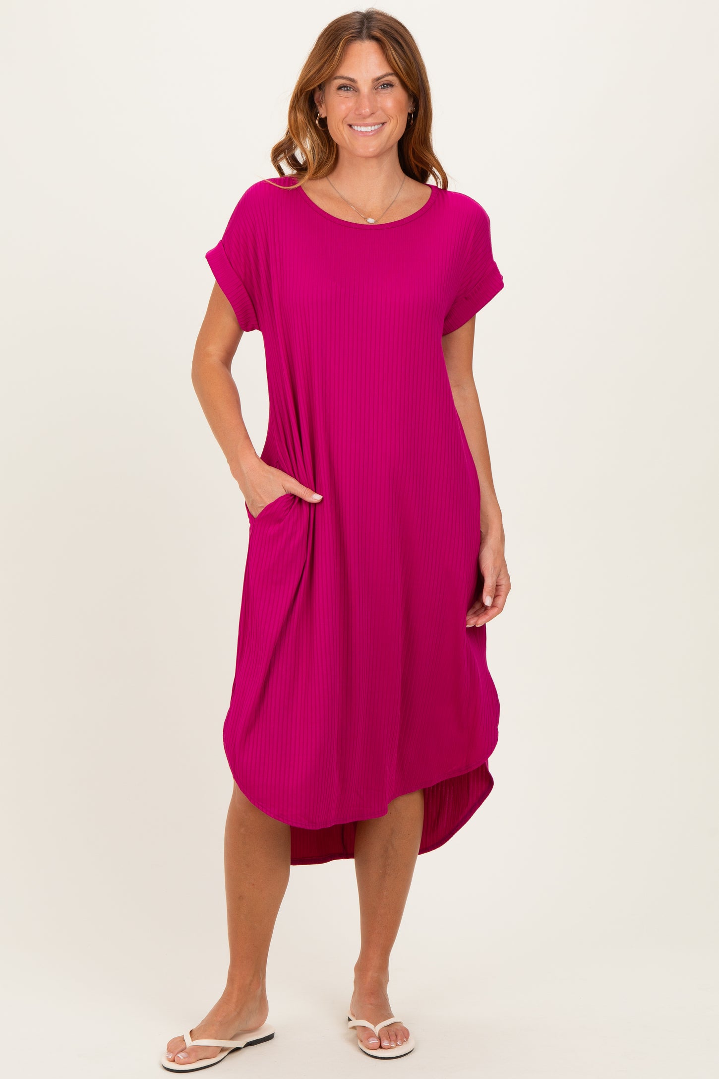 Magenta Ribbed Curved Hem Maternity Midi Dress