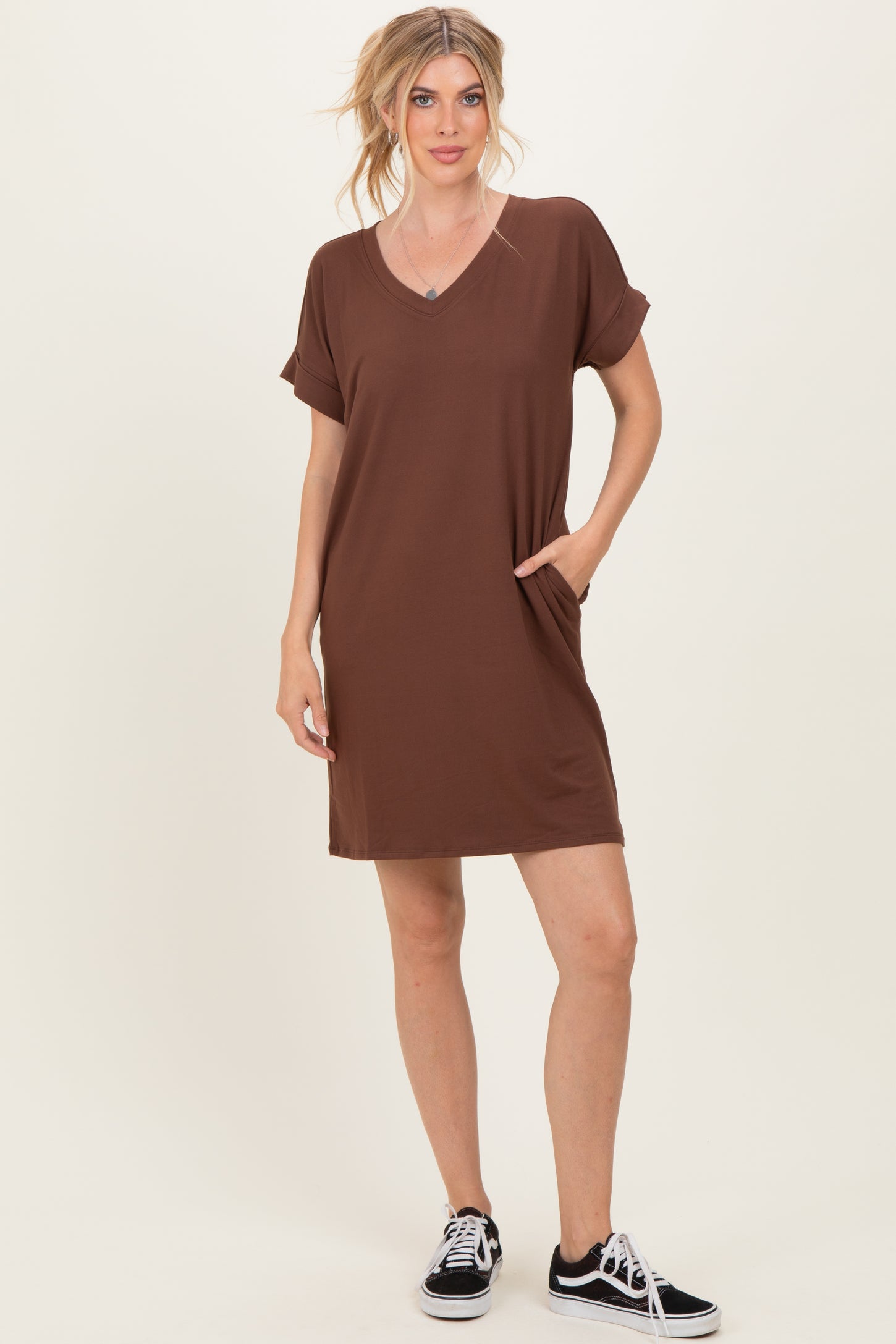 Brown Brushed Rolled Short Sleeve V-Neck Dress