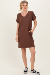 Brown Brushed Rolled Short Sleeve V-Neck Dress