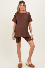 Brown Hi-Low Short Sleeve Tee Biker Short Maternity Set