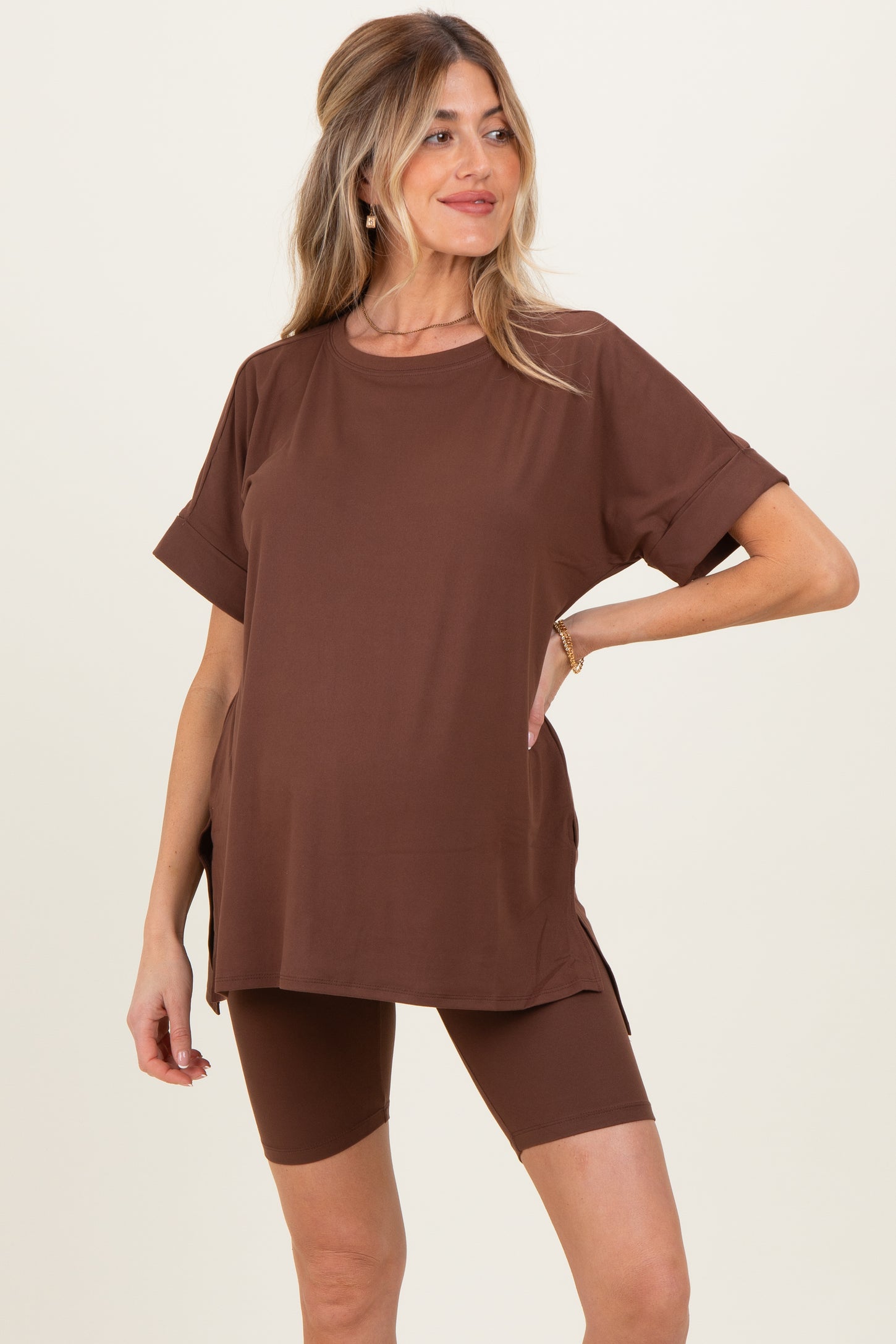 Brown Hi-Low Short Sleeve Tee Biker Short Maternity Set