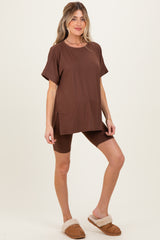 Brown Hi-Low Short Sleeve Tee Biker Short Maternity Set