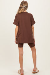 Brown Hi-Low Short Sleeve Tee Biker Short Maternity Set