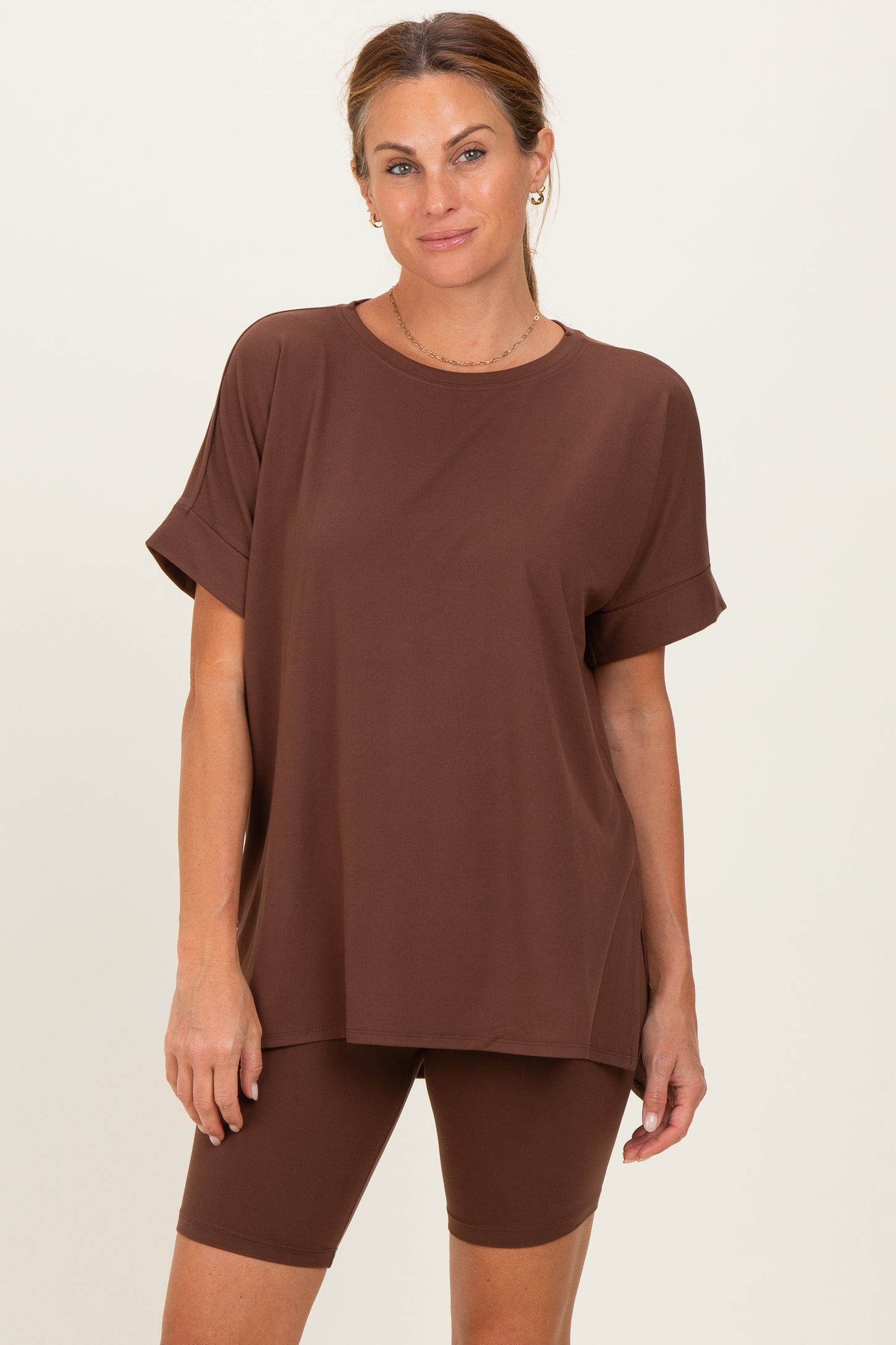 Brown Hi-Low Short Sleeve Tee Biker Short Set