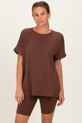 Brown Hi-Low Short Sleeve Tee Biker Short Set