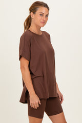 Brown Hi-Low Short Sleeve Tee Biker Short Set