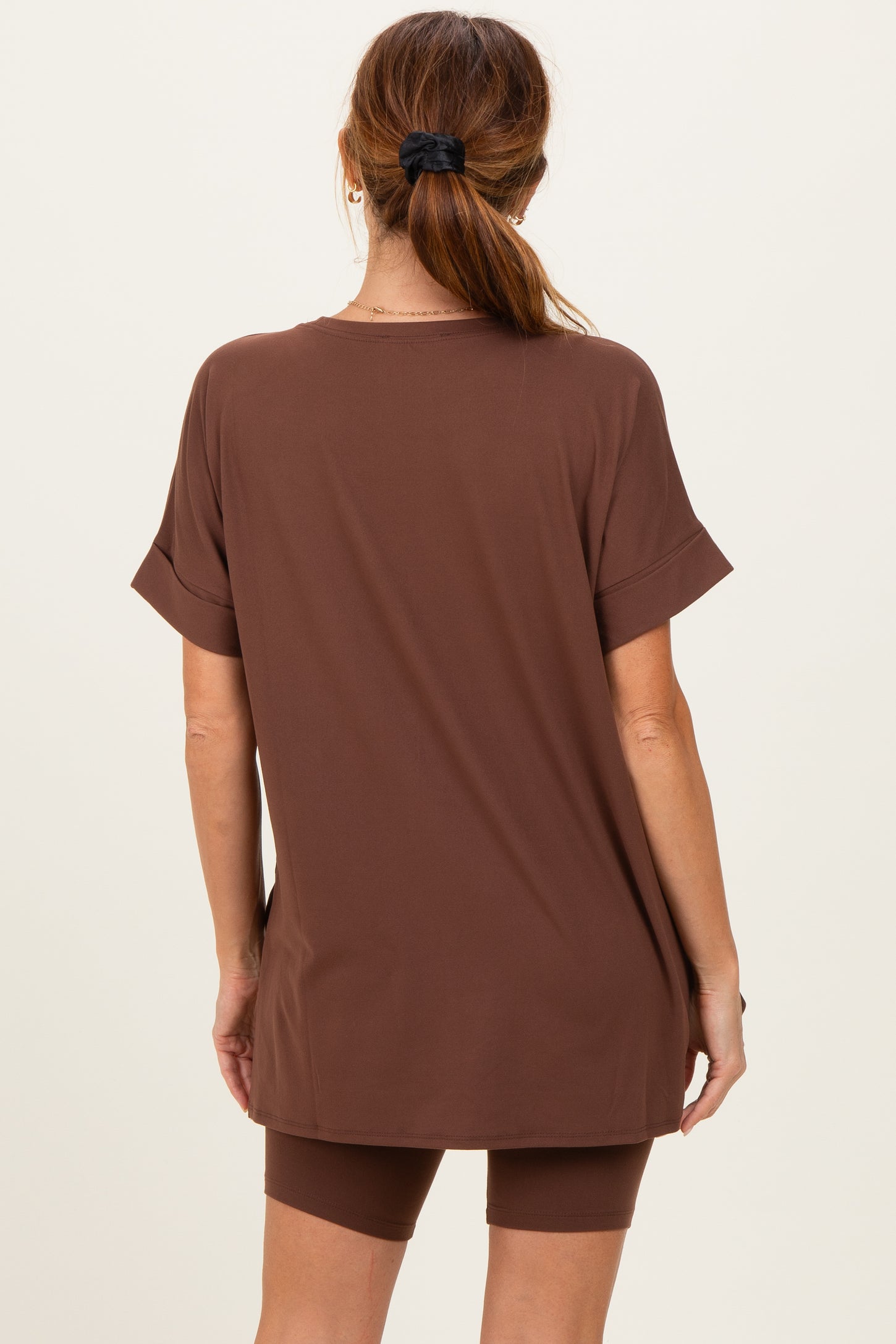 Brown Hi-Low Short Sleeve Tee Biker Short Set