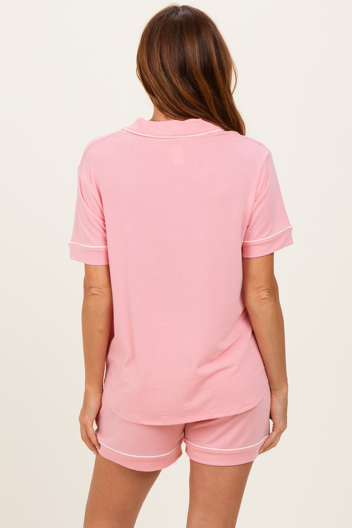 Pink Short Sleeve Button Down Shirt Shorts Set