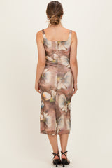 Taupe Mesh Floral Sleeveless Maternity Midi Dress