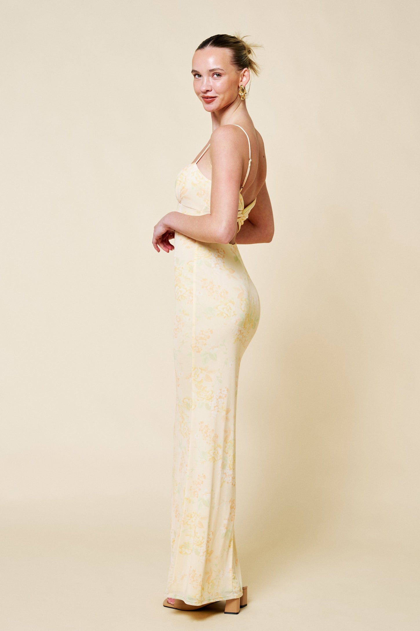 Light Yellow Floral Cutout Back Maxi Dress