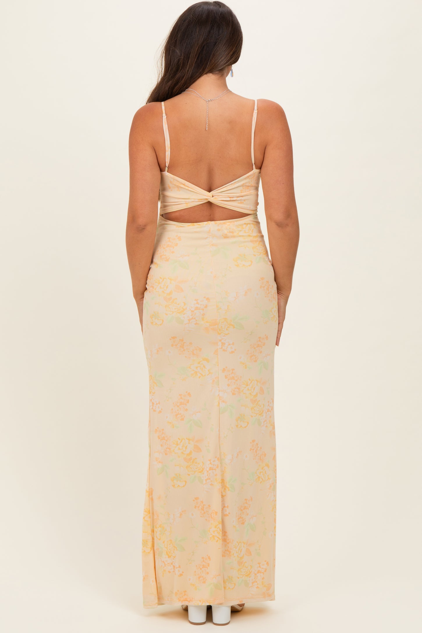 Light Yellow Floral Cutout Back Maternity Maxi Dress
