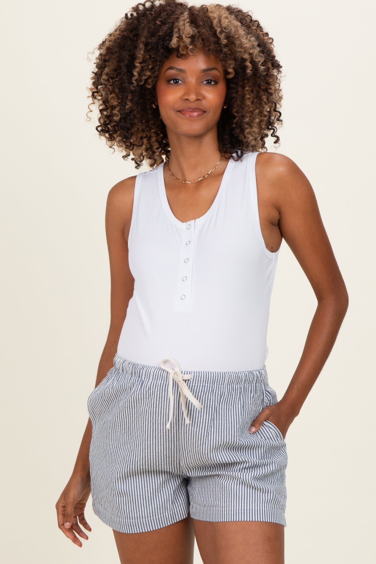 Navy Striped Drawstring Maternity Shorts