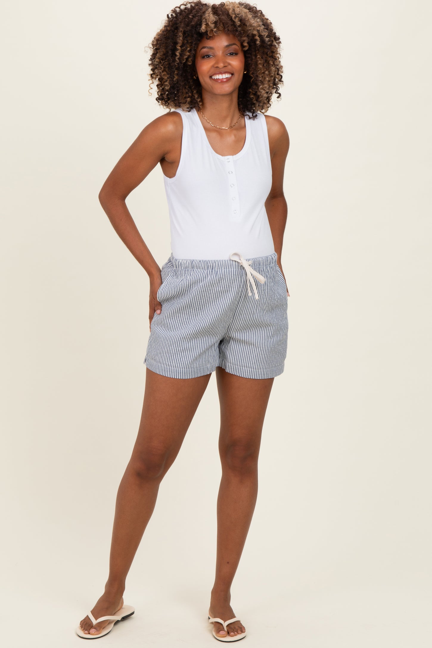 Navy Striped Drawstring Maternity Shorts
