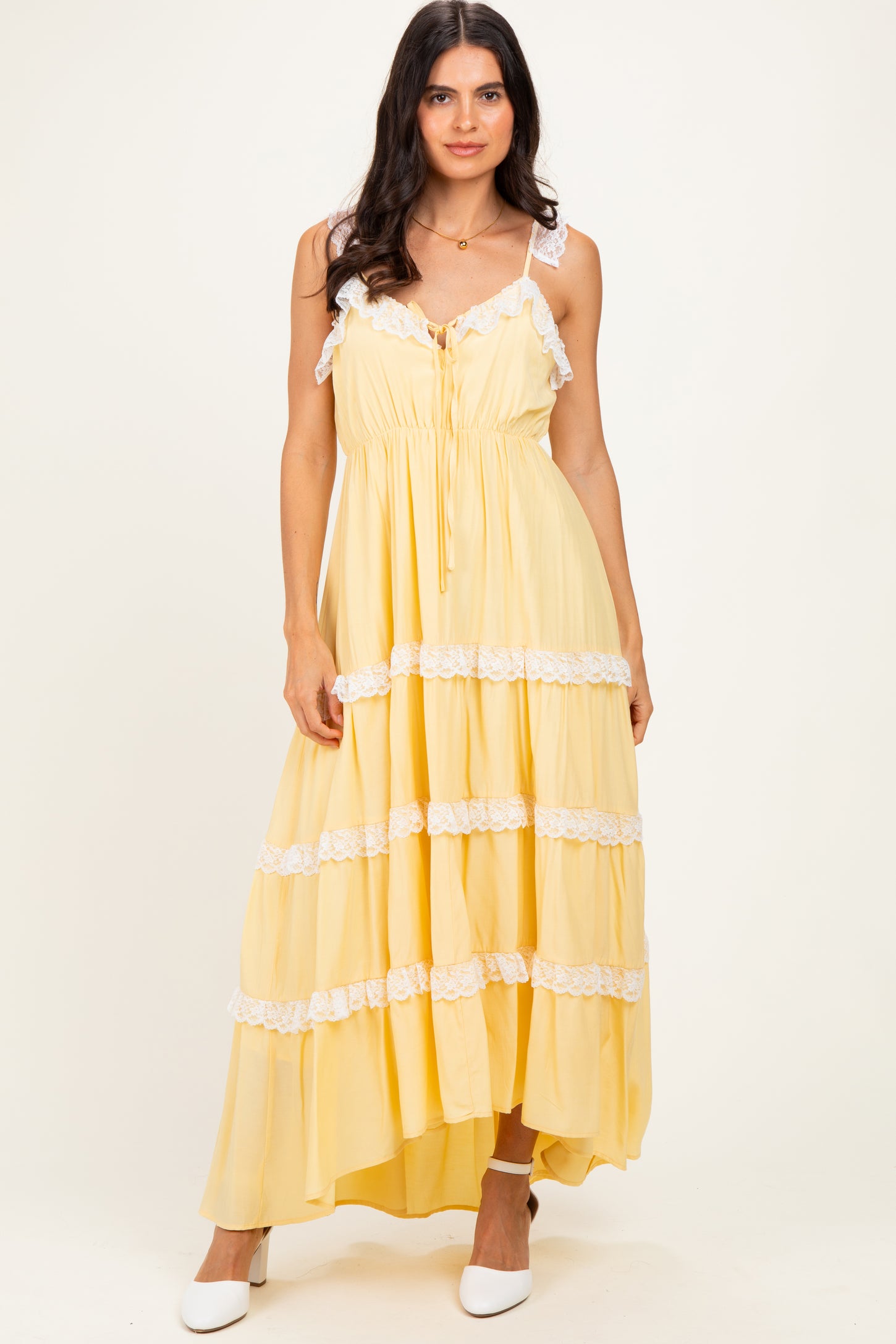Yellow Lace Trim Tiered Maxi Dress