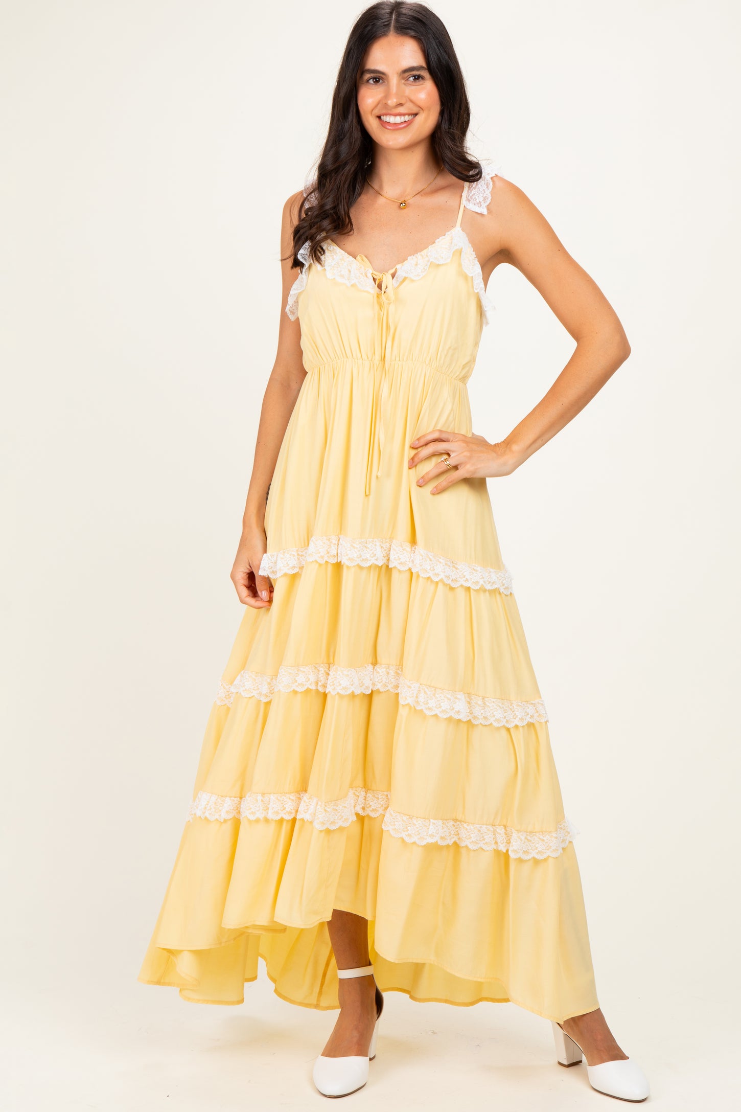 Yellow Lace Trim Tiered Maxi Dress